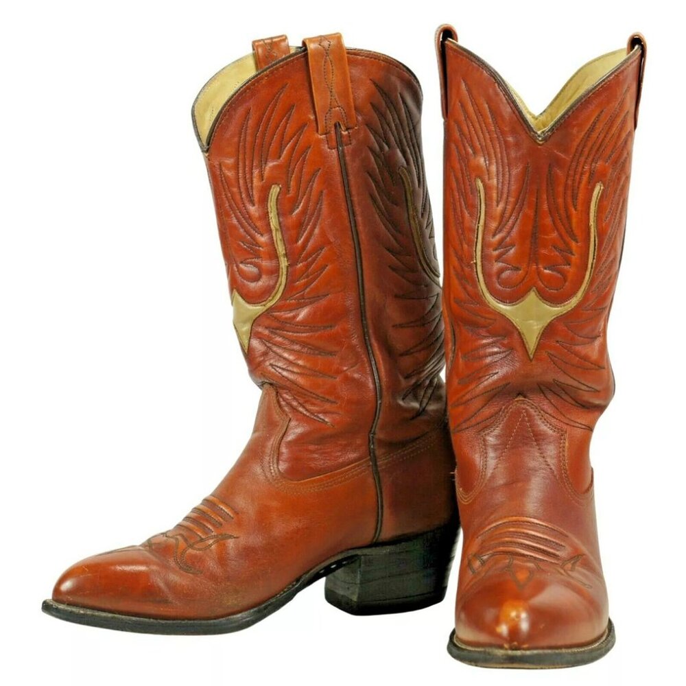 Texas Brown Leather Cowboy Boots Vintage USA Made Inlay Bone Steerhead Men's 9 D